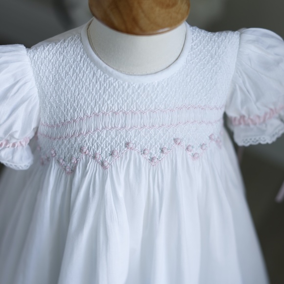 Strasburg Dress Smocked White with Pink Trim Special Occassion Heirloom - Picture 4 of 6